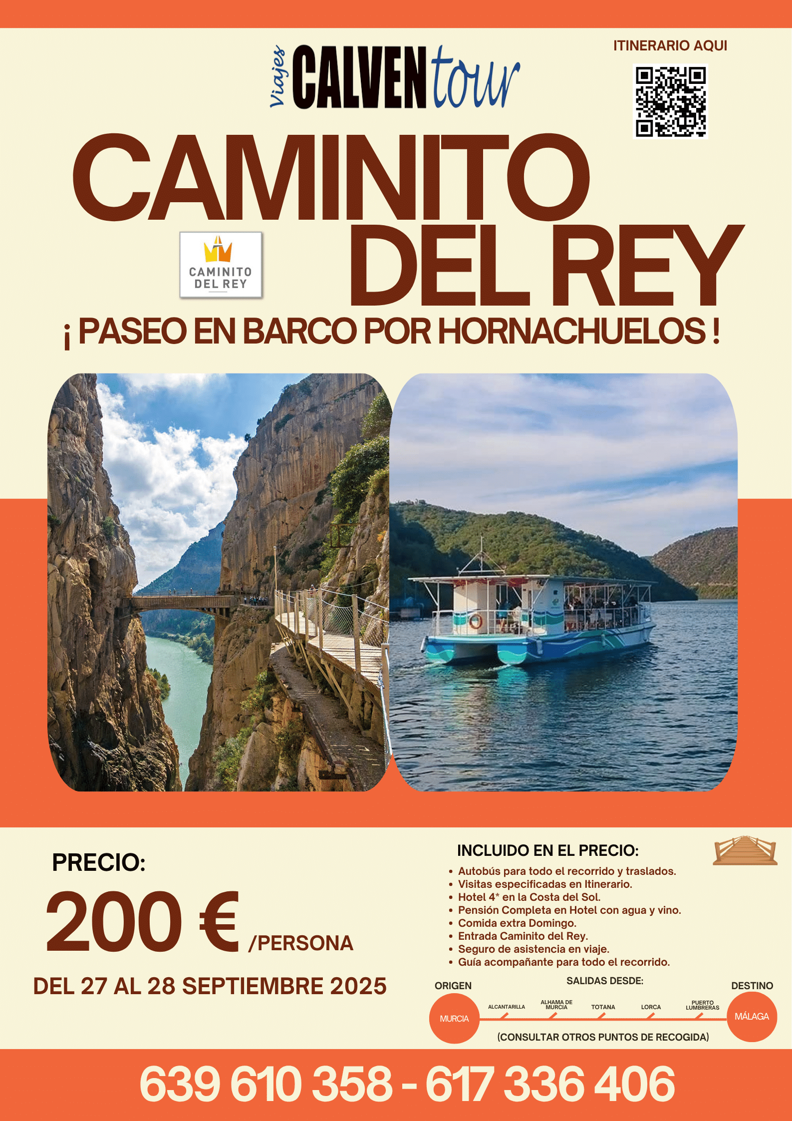 VIAJE AL CAMINITO DEL REY Y PASEO EN BARCO POR HORNACHUELOS. DEL 27 AL 28 DE SEPTIEMBRE DE 2025.